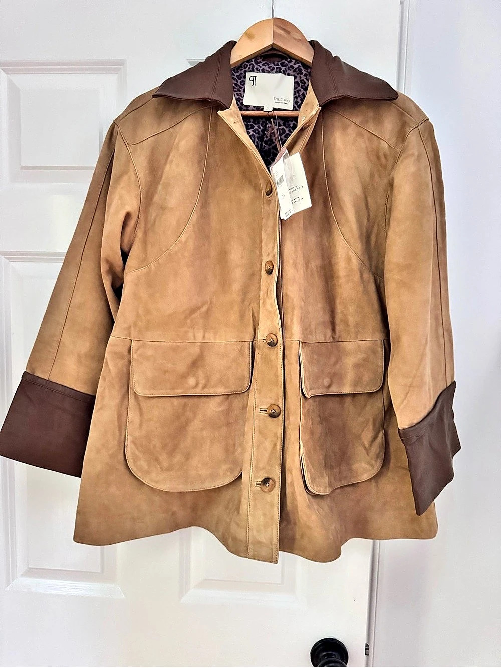 NWT $598 Pilcro Suede & Leather Barn Utility Coat Jacket Brown & Tan Sz XS